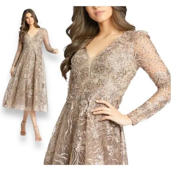 Mac Duggal 20286 Embellished Gown Plunge V-neck‎ Long Sleeve Midi Dress 10 $598 - Picture 1 of 7